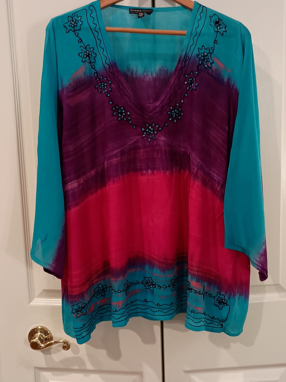 Embroidered V-Neck Colorblock Tunic in Turquoise, Purple & Pink